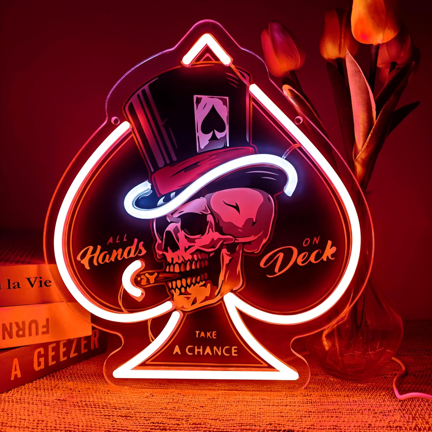 Board Game Hotel - Totenkopf-Ass-Ohne-Glück Neon-Schilder Dimmbare LED-Poker-Neonleuchte USB für